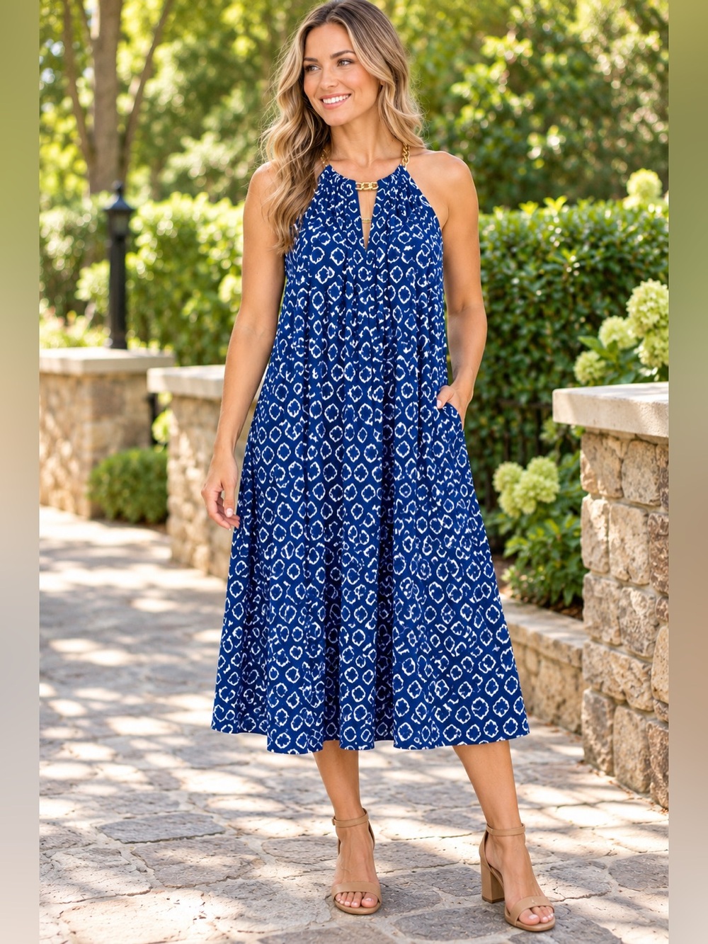 Michael Kors XL Blue White Print Gold Chain Midi Dress